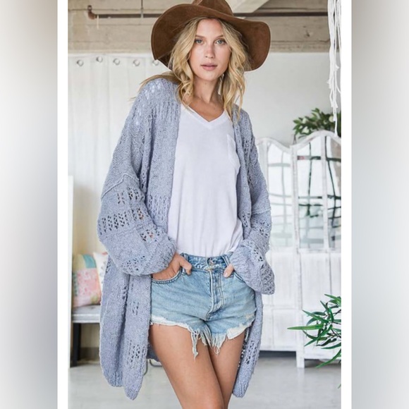 BUCKETLIST Sweaters - Bucketlist Holes Pattern Oversized Cardigan Medium Cool Blue Romantic Bohemian